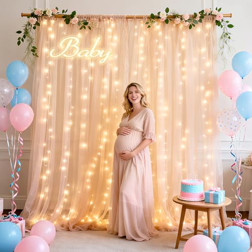 Ledido 2 Pack 10×8ft White Tulle Backdrop Curtains with Lights String - 600LED Fairy Lights Sheer Curtain Backdrop for Wed...