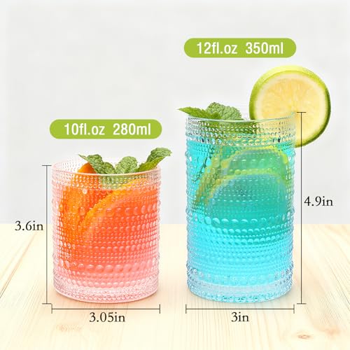 Hobnail Drinking Glasses Set of 12,12 oz Highball Glasses & 10 oz Cocktail Glasses,Clear Embossed Glass Cups,Kitchen Water...