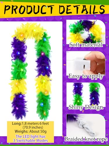 BOARDFEB 6 Ft Light Up Feather Boa for Party Mardi Gras Halloween Costume Christmas Tree and Home Decoration