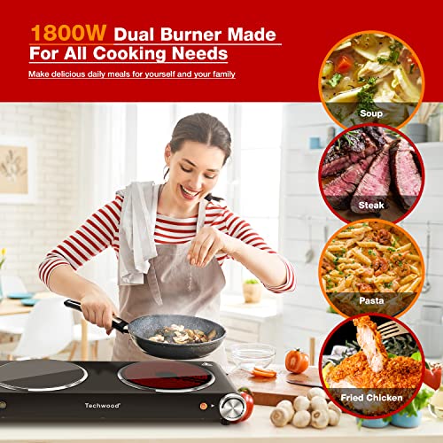 Hot Plate, Techwood 1800W Dual Electric Stove, Countertop Stove Double Burner for Cooking, Infrared Ceramic Hot Plates Dou...