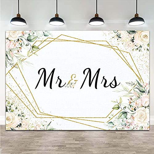 Mr & Mrs White Floral Bridal Shower Backdrop Mr Mrs Wedding Theme Photo Backgrounds 7x5ft Wedding Bride to Be Engagement P...
