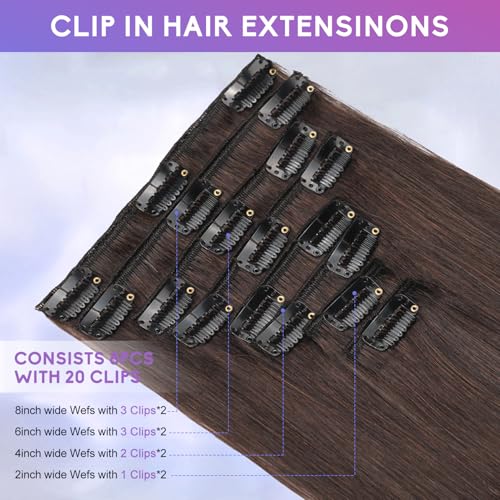 Dark Brown Clip in Hair Extensions Real Human Hair Invisible Seamless Remy Human Hair Clip in Extensions for Women 24 Inch 120g, 8pcs Per Set with Double Weft
