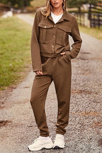 PRETTYGARDEN Womens Two Piece Sets Fall 2026 Long Sleeve Button Down Shacket Jacket Long Sweatpants Tracksuit Winter Clothes