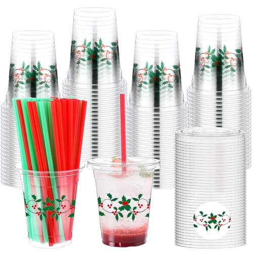 Blushtier 100 Pcs Christmas Plastic Cups Disposable with Lids and Straws 12 oz Christmas Holly Party Cups Clear Drinking C...