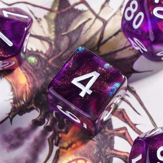 7-Die DND Dice Set Polyhedral Dice Set with a Leather Bag, D&D Dice Set for Dungeons and Dragons, RPG Table Games (T/Purple)