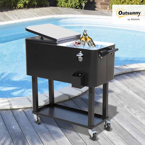 Outsunny 80 QT Rolling Cooling Bins Ice Chest on Wheels Outdoor Stand Up Drink Cooler Cart for Party, Black