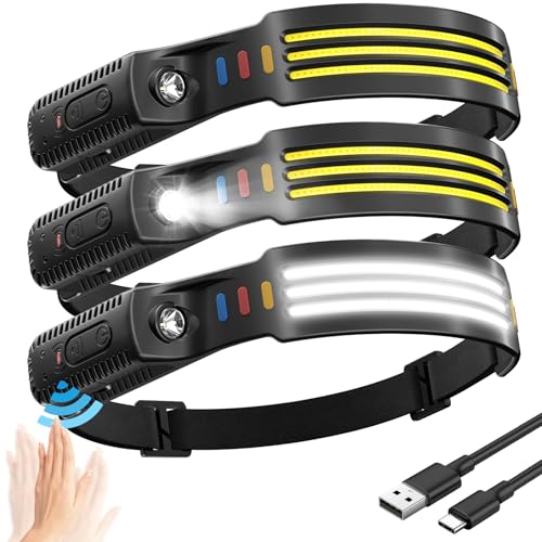 (3-Pack) Headlamp Rechargeable, 230° COB Wide Beam Head Lamp Headband with Motion Sensor, 5 Modes Headlight Led Head Band,...