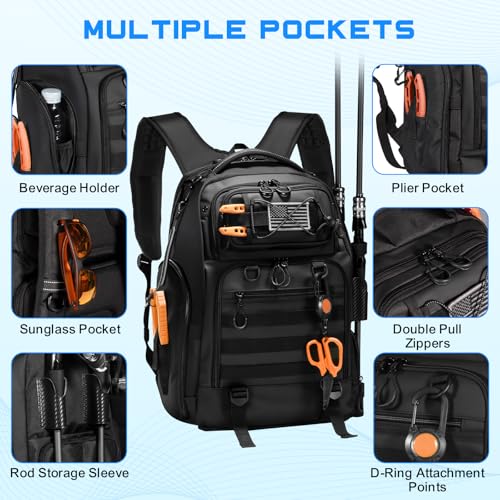 BAIXIXIG 50L Fishing Tackle Backpack with Removable Lure Wraps,Include (4) 3600 Tackle Boxes, 2 Rod Holders Storage Fishin...