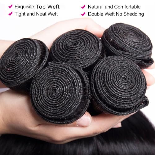 10A Brazilian Straight Human Hair Bundles with Frontal Closure 18 20 22+16 Inch Straight Bundle Human Hair with Closure 100% Unprocessed Virgin Hair Weave 3 Bundles with 13x4 HD Lace Frontal
