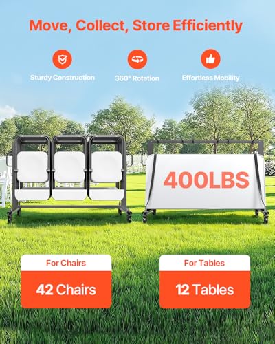 VEVOR Folding Chair Rack, 400 LBS Capacity, Heavy-Duty Chair Cart for 42 Chairs or 12 Tables, Multi-Function Chair Storage...