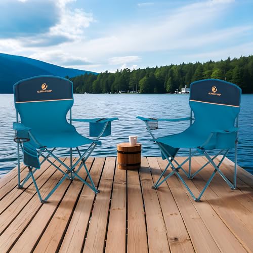ALPHA CAMP Camping Chair 2 Pack Portable Chair with 3-Can Cooler Folding Chair with Side Pocket and Cup Holder, Collapsibl...