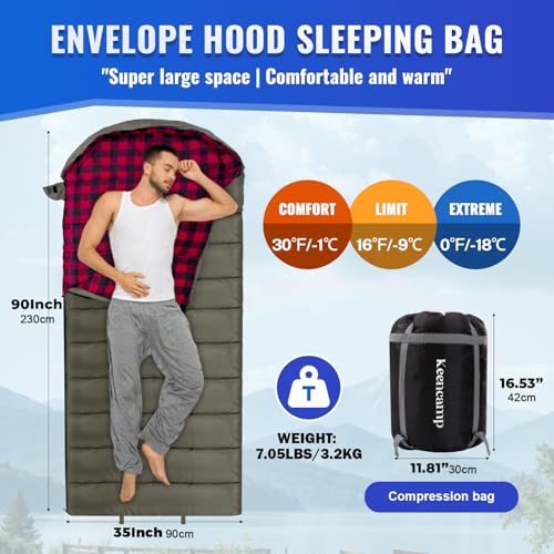 Keencamp 0 Degree Sleeping Bag Cotton Flannel Winter Cold Weather for Adults XXL Sleeping Bag 4 Season Big and Tall with P...