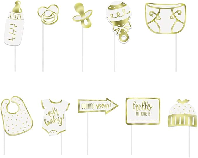 Unique Gold Baby Shower Photo Booth Props (Pack of 10) - Durable & Elegant Foil Stamping Props, Perfect For Baby Showers &...