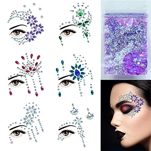 Face Jewels 6 Sheets Face Gems Stick On, 10g Chunky Glitter, Face Jewelry Rhinestones Crystals Stickers, Fairy Euphoria Ey...