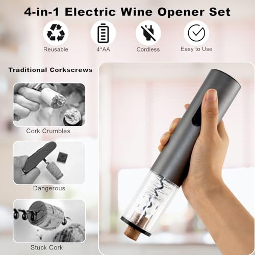 COKUNST Electric Wine Opener, 4-in-1 Wine Bottle Opener Set with Base, Cordless Automatic Battery Operated Corkscrew with ...