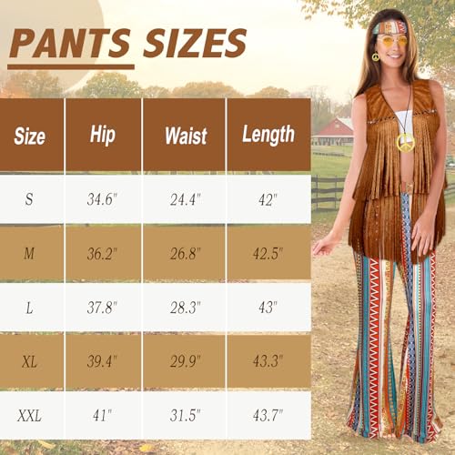 Mukum 8 PCS 60s Women Hippie Costume, 70s Hippie Outfits with Tops and Flared Pants Glasses Necklace Set for Christmas
