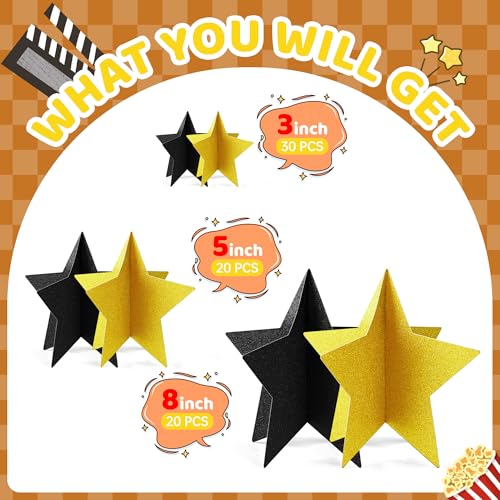 70 Pcs Black and Gold Star Centerpieces Black and Gold Party Birthday Decorations 3D 2025 Graduation Table Decor 3 Sizes ...