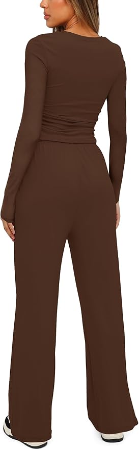Darong Women's 2 Piece Outfits Lounge Sets 2026 Long Sleeve Tops Wide Leg Pants Casual Matching Set