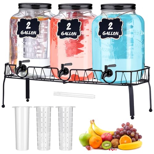 Lallisa 3 Pcs 2 Gallon Glass Drink Dispenser with Stand and Lid Mason Jar Beverage Dispenser with Stainless Steel Spigot, ...