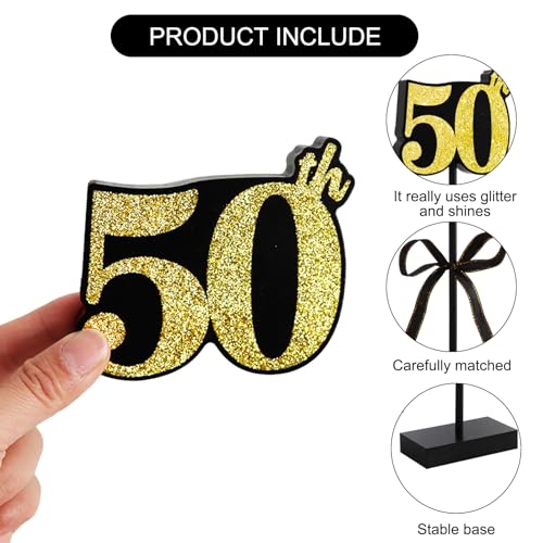 BAOOOFUL 50th Black Gold Glitter Centerpieces for 50th Birthday Table Decorations,Wood Signs Happy Fifty Years Old B-Day T...