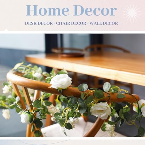 Der Rose 2Pcs 13FT Artificial Eucalyptus Flower Garland with Fake Rose Flower Vine Seeded Eucalyptus Leaves Greenery Garla...