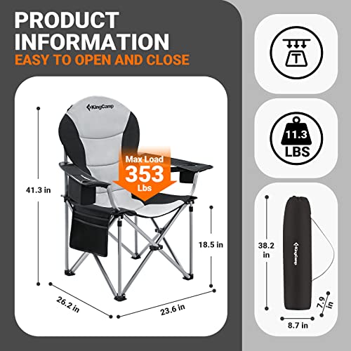 KingCamp Folding Portable Camping Chairs Oversized Padded Quad Arm Chair with Cooler Bag, Cup Holder and Side Pocket, Heav...