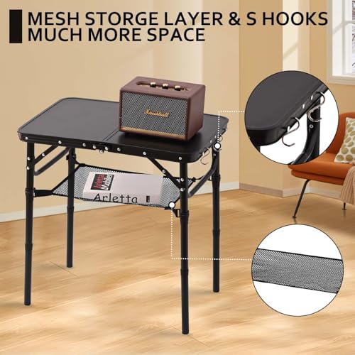 YihuiKo Folding Picnic Table with Storage Net, Matte Black Aluminum Folding Table 23.6" x 15.8", Adjustable Height Max 27....