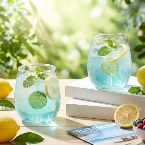 Remerry 2 Pcs Lemon Wine Glasses 12oz Yellow Lemon Slice Stemless Wine Glasses with 3D Lime Slice Figurines Inside Icon Gl...