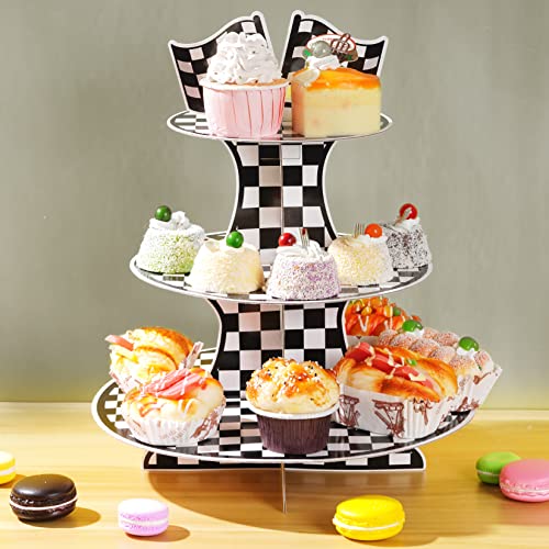 Hmxpls 3-Tier Round Cardboard Cupcake Stand, Racing Car Theme Cardboard Cupcake Holder, Car Theme Dessert Display Stand To...