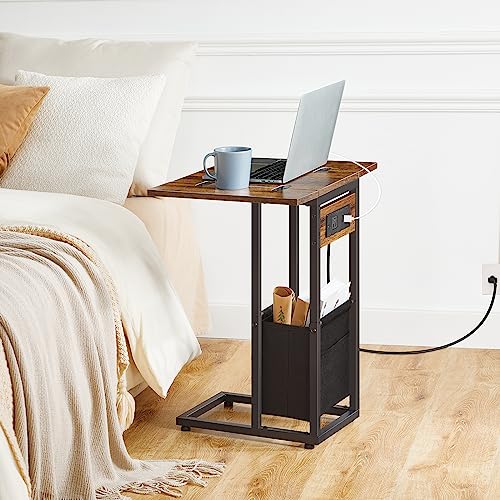 HOOBRO C Shaped Side Table with Charging Station, Foldable End Table with Fabric Bag, Sofa Couch Tray Table for Small Spac...