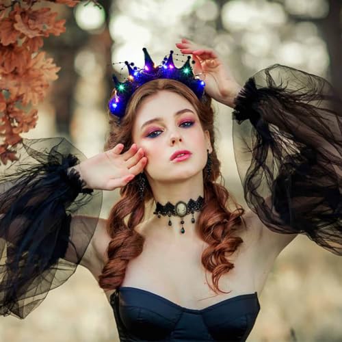 Metisee Halloween Crown Headbands Light Up Halloween Headband LED Baroque Crown Hairband Costume Party Hair Accessories fo...