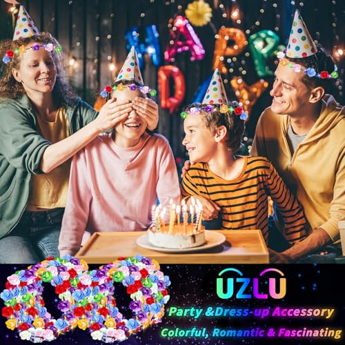 UZLU 80 Pcs LED Flower Crown Headband Glow Floral Wreath Crown for Women Light Up Flower Headband Glow in the Dark Hair Ac...