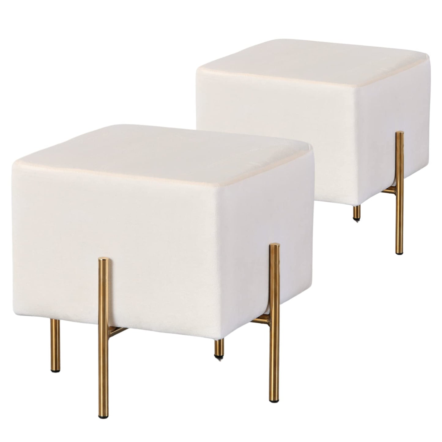 Kirpi Velvet Ottoman Set of 2, Cream Modern Gold Vanity Stool Square, Contemporary Foot Stool Ottoman, Upholstered Cube Foot Rest with Gold Metal Legs