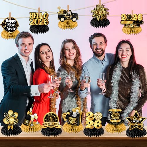 New Year Table Decorations 2026,12pcs Happy New Year Honeycomb Centerpiece Black and Gold New Years Eve Table Centerpiece,...