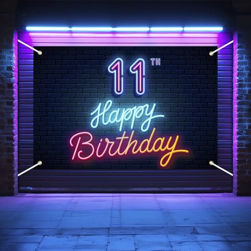 Neon Happy 11th Birthday Backdrop Banner Cool Glow Neon Theme Background Decor for Boys Girls Birthday Party Let’s Glow Pa...