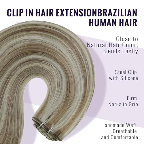 Fshine Hair Extensions Clip in Highlighted Light Brown Mixed with Platinum Blonde Clip in Hair Extensions Remy Human Hair 16 Inch Double Weft Clip in Real Hair Extensions 120g 7pcs