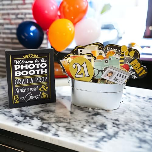 21st Birthday Photo Booth Props - 41-pc Photo Booth Kit with 8 x 10-Inch Sign, 60 Adhesive Pads, 45 Sticks - Photo Booth 2...