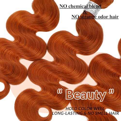 12A Ginger Body Wave Bundles Human Hair, Soft And Shed-Free Colored #350 Copper Burnt Orange 3 Bundles Double Weft 100% Unprocessed Brazilian Remy Hair Ginger Sew In Wavy 10 12 14 Inch