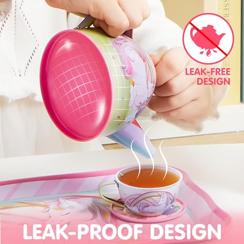 JOYIN 35Pcs Unicorn Tea Party Set for Little Girls, Pretend Tin Teapot Set, Princess Tea Time Play Kitchen Toy with Desser...