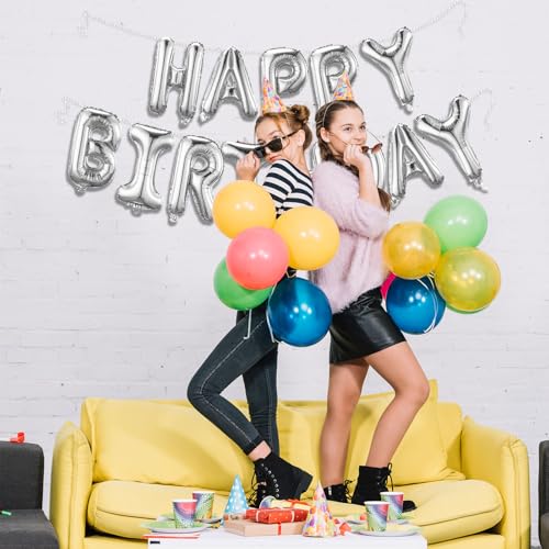 Silver Happy Birthday Balloon Banner Set -16 Inch Foil Letters Balloons, Reusable Birthday Decorations and Party Supplies,...