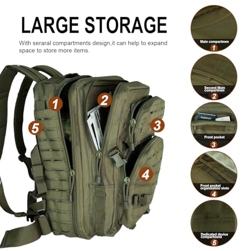 40L Tactical Backpack, Camouflage Military Bug Out Bag, Durable MOLLE Hiking Camping Gear (GREEN)