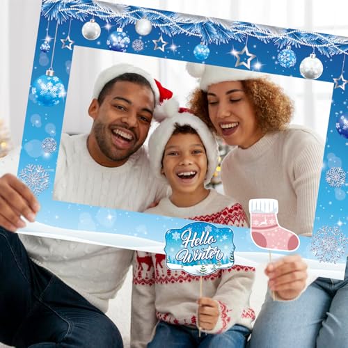 Biswiter Winter Photo Booth Props, 26Pcs Winter Wonderland Photo Booth Props with Frame, Winter Wonderland Party Decoratio...