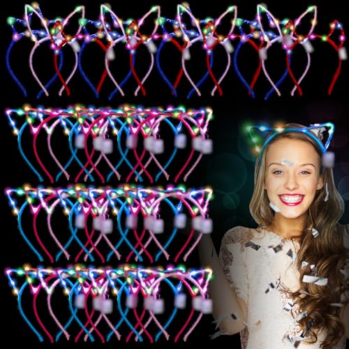 Xinnun 64 Pieces Light up Cat Ears Headband Bunny LED Glow in Dark Cat Animals Ears Hairband Party Supplies for Birthday F...