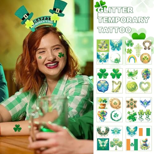 St. Patrick's Day Glitter Shamrock Temporary Tattoos & Face Stickers, St Patricks Day Decorations Accessories Waterproof S...