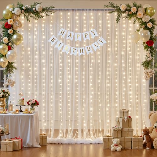 Ivory Sheer Backdrop Curtains with Lights String for Parites Wedding 10×8ft Tulle Backdrop Curtains for Baby Shower Birthd...