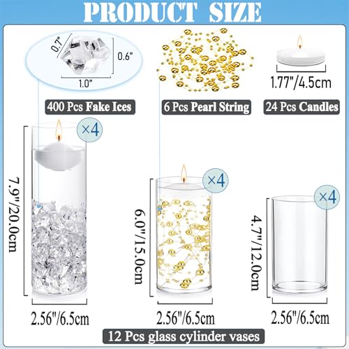 FFUW 24 Pcs Floating Candles 12 Glass Vases for Centerpieces with 400 Acrylic Fake Ice Cubes 6 Pearl String Vase Filler Fl...