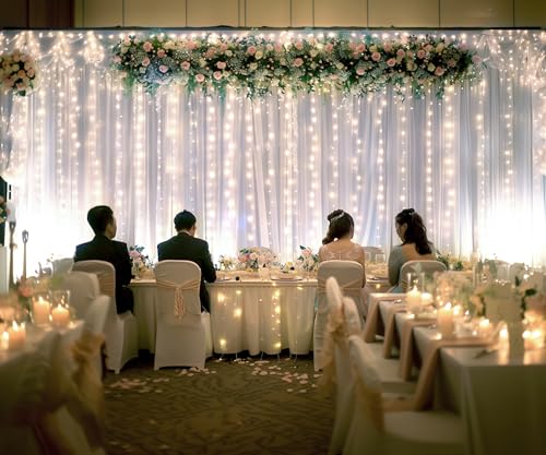 20ft X 10ft White Tulle Wedding Backdrop Curtains with Lights String 4 Panels Sheer Backdrop Curtains for Parties Bridal S...