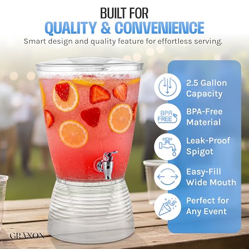 Drink Dispenser for Parties (2.5 Gallon) Large Plastic Water Dispenser for Counter Tops, No Mess, Easy to Assemble & Wash,...