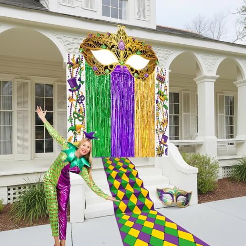 VitalCozy 7pcs Mardi Gras Party Decorations Masquerade Mask Party Banners Purple Green Gold Foil Fringe Backdrop Curtains ...