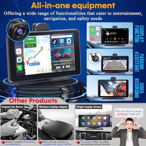 Wireless Apple CarPlay with Dash Cam: 7″ Carply Screen for Car with Backup Camera - 5-Min Plug-and-Play Upgrade for Older ...